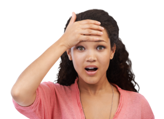 Confused, wow and hand of face of woman worry on isolated, transparent or png background. Surprise, portrait and girl shocked by news of sale, deal or discount, puzzled or open mouth emoji expression