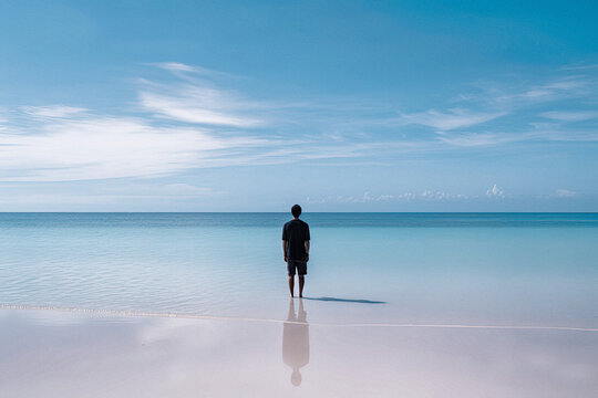 Man Standing Facing the Ocean on a White Sand Beach - generative AI