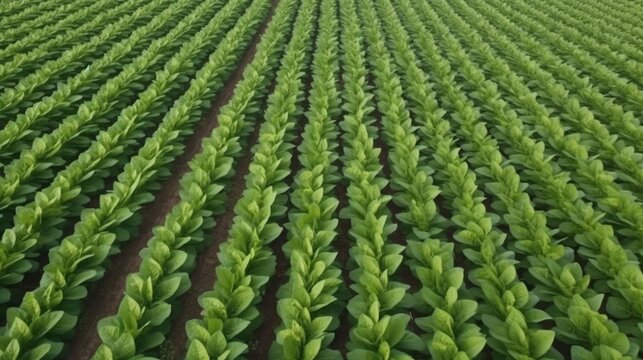 航空写真 若い緑のタバコ畑、タバコ農園の葉の作物が育っているGenerativeAI