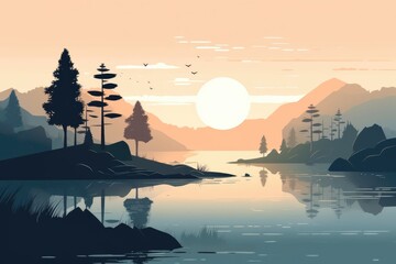 Naklejka na ściany i meble A serene mountain lake landscape depicted in a minimalist illustration. Soft and muted colors. Generative AI
