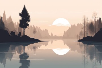 A serene mountain lake landscape depicted in a minimalist illustration. Soft and muted colors. Generative AI