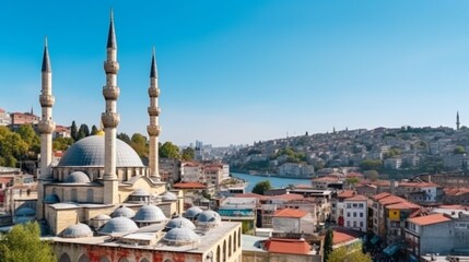 Fototapeta na wymiar 青空の背景とイスタンブールのカラフルな住宅地とスレイマニエモスク、トルコ、イスタンブールモスク スレイマニエミナレットとカラフルな家、美しい景色イスタンブール、トルコGenerativeAI