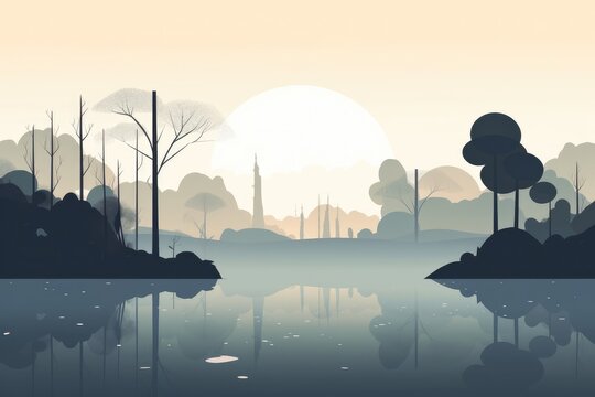 A serene mountain lake landscape depicted in a minimalist illustration. Soft and muted colors. Generative AI
