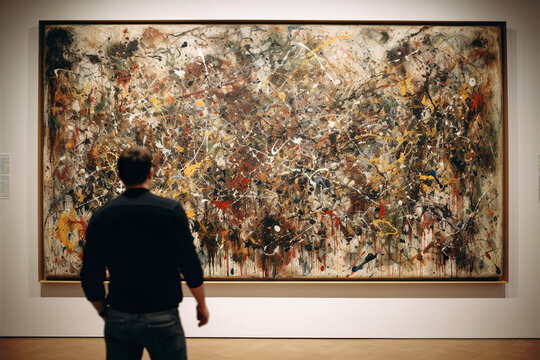 Man contemplating abstract expressionist painting in drip style - generative AI