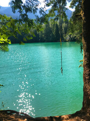 A rope swing hangs over the pristine and colorful waters in the Washington State wilderness at Baker Lake, Washington