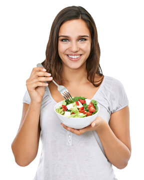 Food, vegetables and portrait of woman with salad on isolated, png and transparent background. Vegan, healthy eating and face of happy girl with vegetable lunch for balance diet, detox and wellness