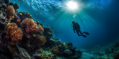 Naklejka na ściany i meble Scuba diving in tropical ocean coral reef sea under water. Generative ai.