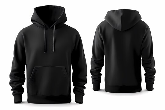 Blank black male hoodie sweatshirt long sleeve, mens hoody with hood for your design mockup for print, isolated on white background. Generative Ai.