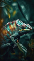 Obraz premium Colorful chameleon blending into its surroundings created using generative AI tools