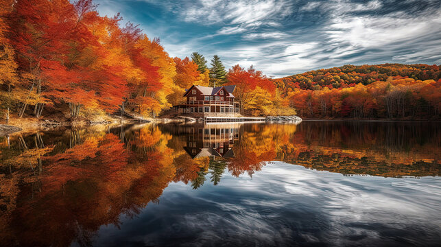 A Mesmerizing Photograph Of A Beautiful Wooden House Next To A Serene Lake Nestled Among The Vibrant Fall Foliage In The White Mountains Of New Hampshire - Generative AI