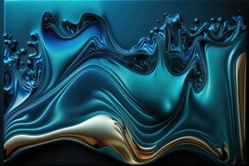 A blue and gold abstract painting on a black background, generative ai