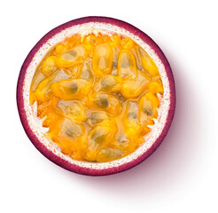 Passion fruit slice isolated on white background, top view, flat lay