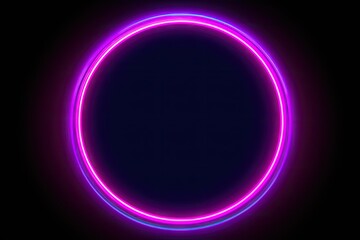 Obraz premium Abstract neon background with fluorescent ring, blank round frame. Laser line glowing with pink blue light. Generative ai.