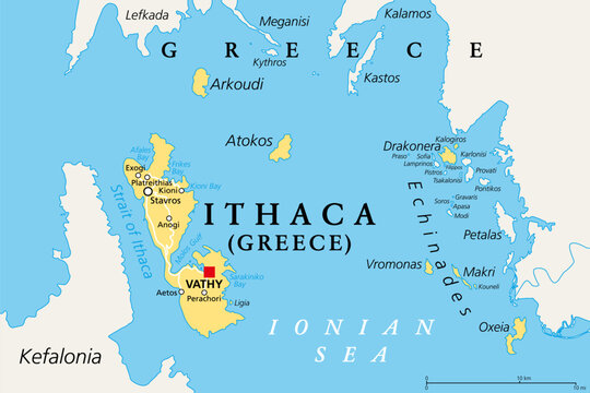 Ithaca, regional unit, political map. Part of Ionian Islands in Greece, with capital Vathy. Ithaca, Arkoudi, Atokos, and the Echinades islands Drakonera, Vromonas, Makri, Oxeia, Kalogiros and Kouneli.