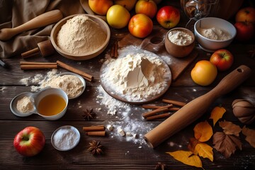 Fototapeta na wymiar Flat lay of baking ingredients for a homemade pie: Flour, sugar, butter, eggs, and other ingredients on a wooden surface. Generative ai