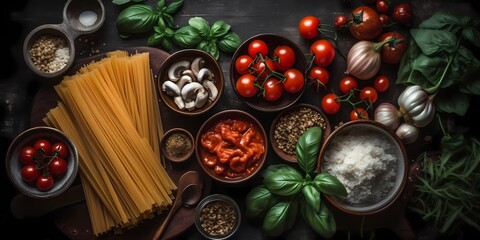 Obraz na płótnie Canvas Flat lay of ingredients for a popular pasta dish: Pasta, tomato sauce, fresh basil, garlic, Italian pasta spaghetti alla puttanesca or penne arrabbiata. Generative Ai.
