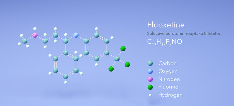 fluoxetine molecule, molecular structures, selective serotonin-reuptake inhibitors, 3d model, Structural Chemical Formula and Atoms with Color Coding