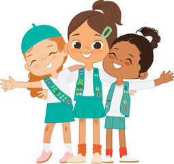 Happy multi ethnic multi aged girls scout hug. Girls Scout happily hug and smile. Girl together. Junior Girls Scout Uniform - 595093602