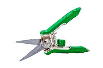 Isolated garden pruner with a green handle