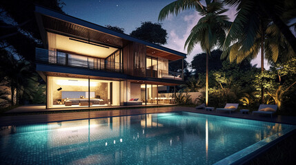 Obraz na płótnie Canvas A luxurious modern house with pool - generative AI