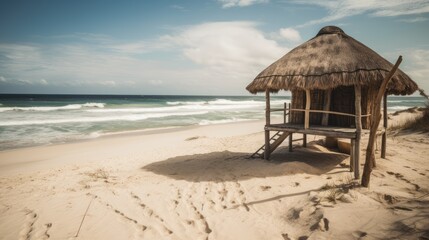 A beach scene with a hut on the beach