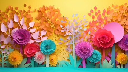 A colorful paper art of flowers and trees