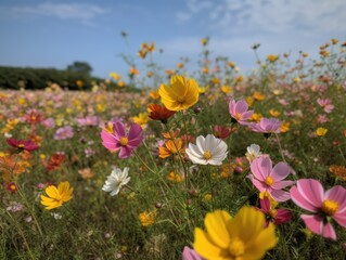 Obraz premium A field of pink and yellow flowers with a blue sky