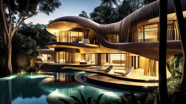 Tropical Luxury Retreat - A modern luxury house, Organic shapes, wood and concrete, a big swimming pool, tropical trees, beautiful lighting - generative AI