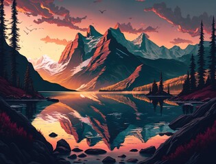 A painting of mountains and a lake with a sunset