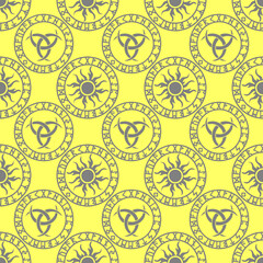 seamless celtic pattern of gray round elements on a yellow background, texture, design