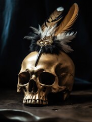 A skull with a gold feather on it