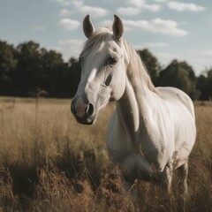 A white horse in a field of grass