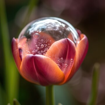 A tulip balb being inside a bubble