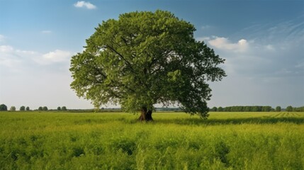 Beautiful tree in the middle of a field covered with grass