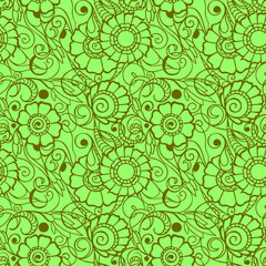 seamless pattern of olive contours of flowers on a light green background, texture, design