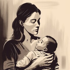 Illustration of mother holding baby son in arms