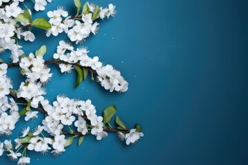 Spring white blossom branches as border on blue