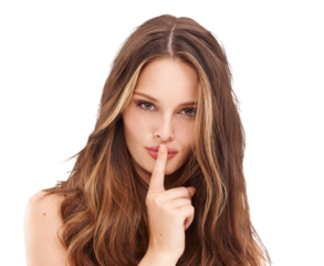 Woman with finger to lips, secret or silence in portrait with mystery isolated on transparent, png background. Emoji, young female model with keep quiet gesture and privacy with confidential signal