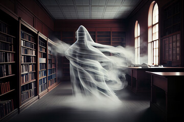 Foggy ghost in the library at night. Abstract illustration. - obrazy, fototapety, plakaty