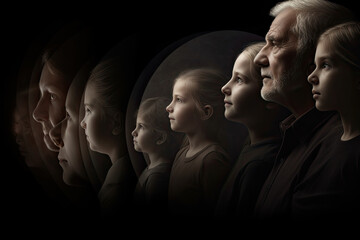 Different generations of family stand together against dark abstract background. Genealogical history of generations, preservation of the memory of relatives. Created witract background. Generative AI