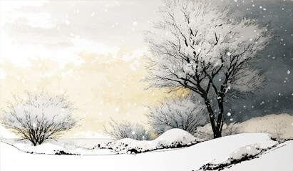 AI-generated watercolor illustration of a beautiful snowy landscape. MidJourney.