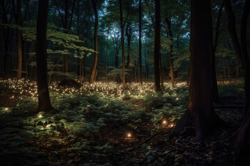 Naklejka premium Magic fairy tale forest at night. Fantasy forest with glowing lights. Created with Generative AI
