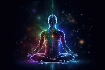 Silhouette of body meditate in lotus position on cosmic background. Spiritual awakening and positive energy of universe. Concept of communication with another world. Created with Generative AI