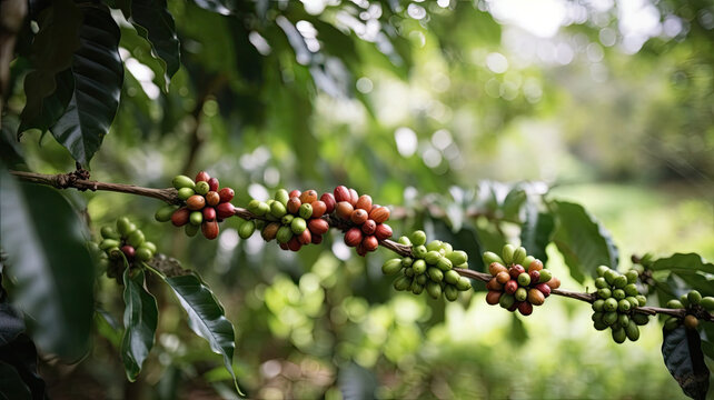 Coffee tree with fresh red coffee beans on coffee plantation. Ripening coffee berry, organic harvest. Created with Generative AI