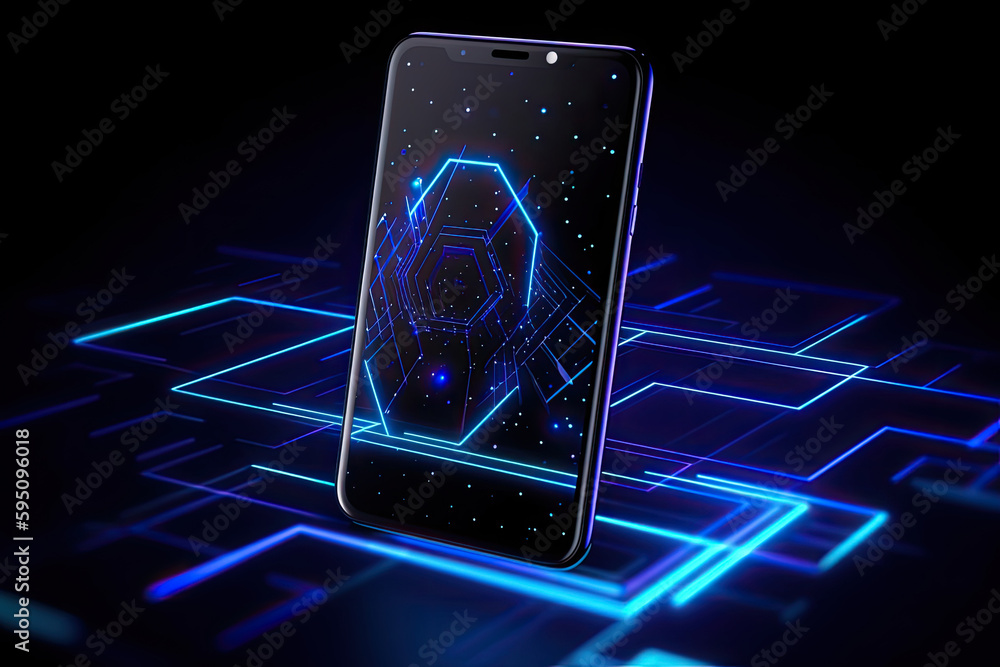 Poster smartphone on technology background. neon glowing mobile phone on abstract dark background. futurist