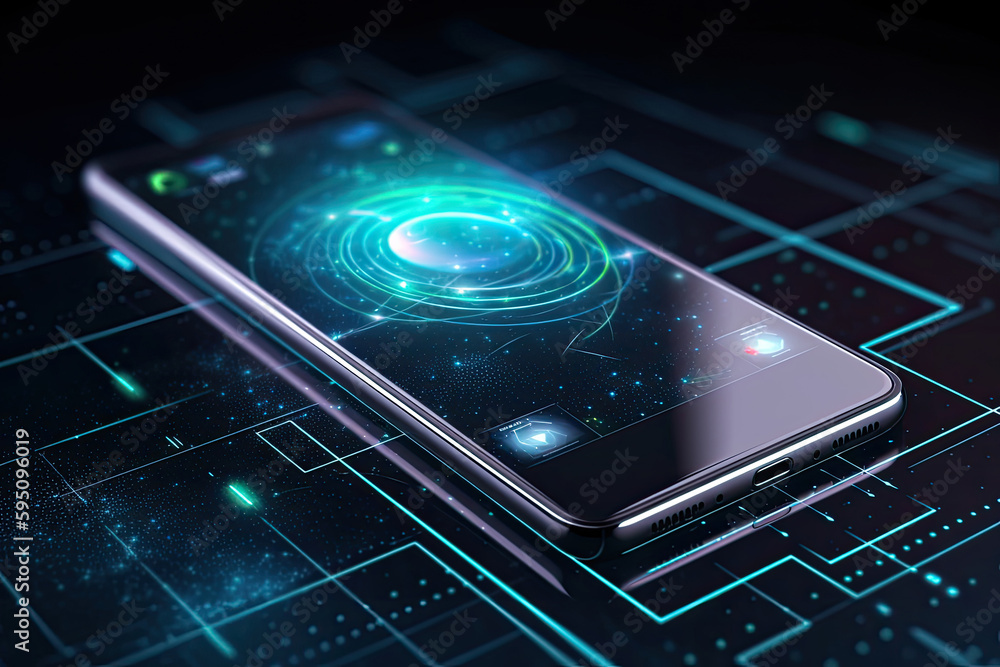 Poster smartphone on technology background. neon glowing mobile phone on abstract dark background. futurist