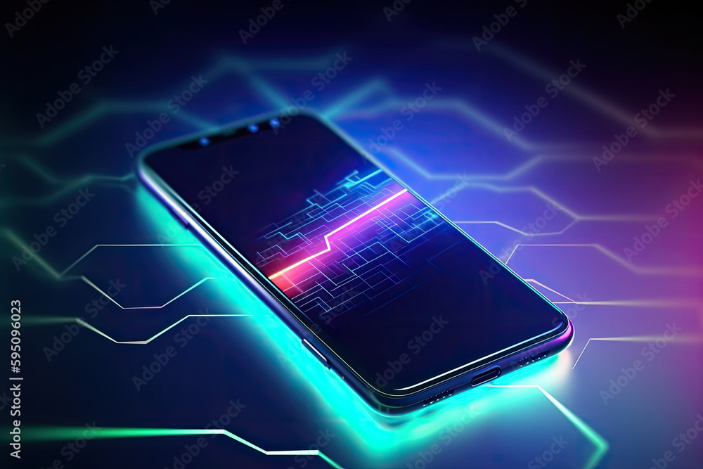 Poster smartphone on technology background. neon glowing mobile phone on abstract dark background. futurist