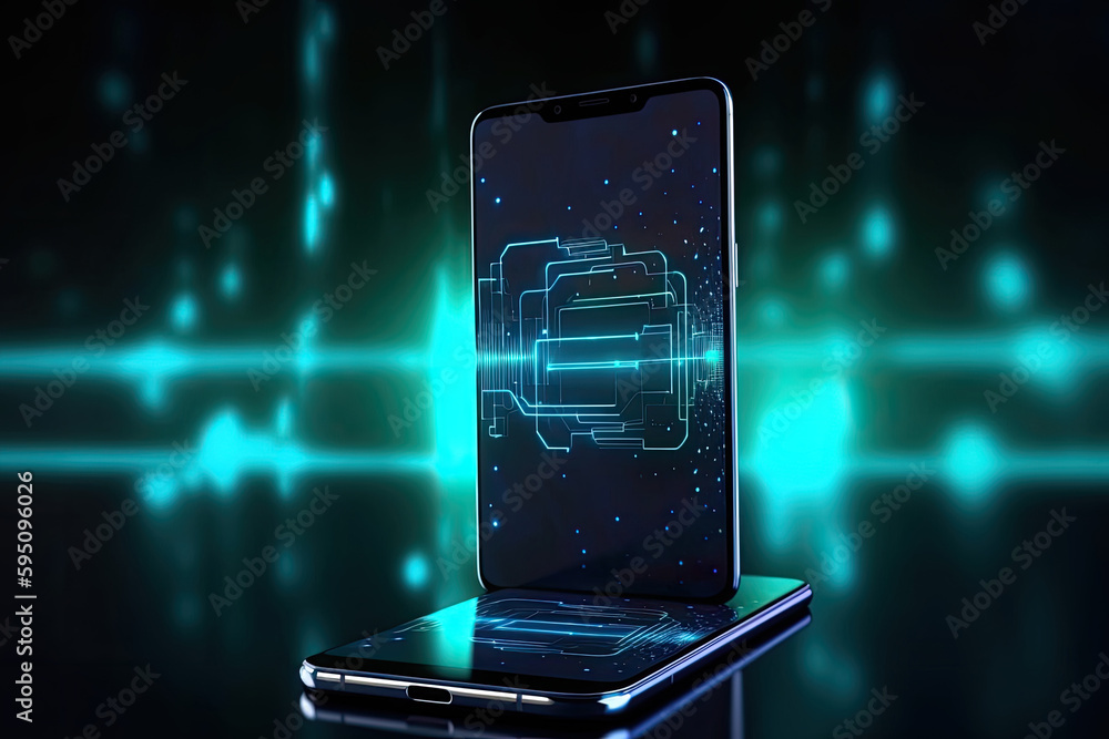Poster smartphone on technology background. neon glowing mobile phone on abstract dark background. futurist