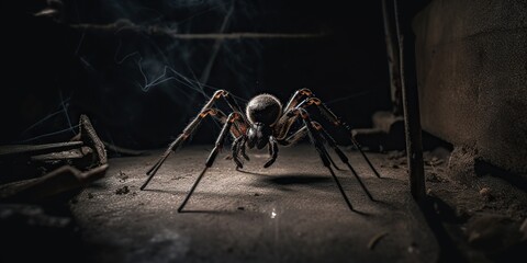 Fototapeta na wymiar A spider spinning its web in the corner of a dark basement, concept of Arachnid behavior, created with Generative AI technology