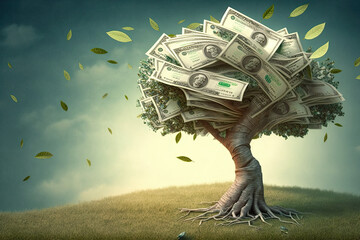 money tree, greenbacks growing on tree, ROI, return on investment, wealth creation, revenue growth, cost benefit analysis, discounted cashflow - obrazy, fototapety, plakaty